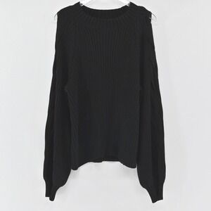 525 AMERICA Womens Sweater Size XL Black Ribbed Chunky Knit Cotton Cold Shoulder